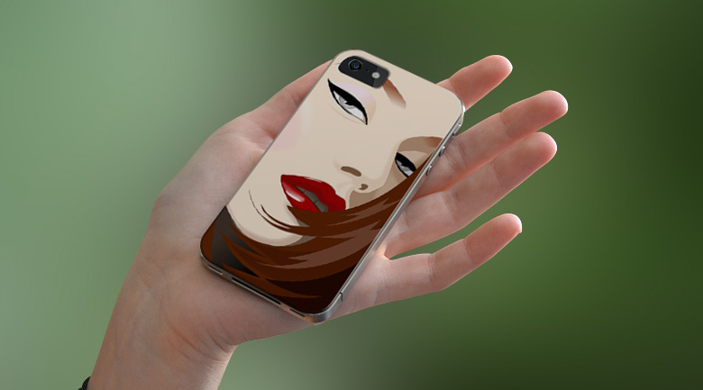 hand holding iPhone case with vector girl face illustration